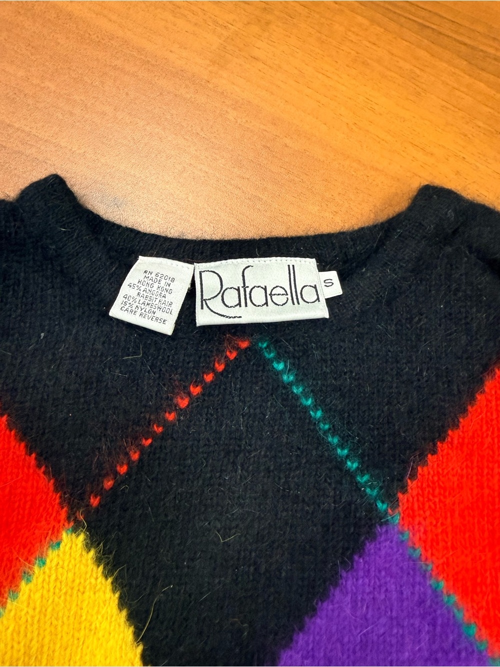 Rafaella Black Crewneck Sweater with Multicolor Argyle